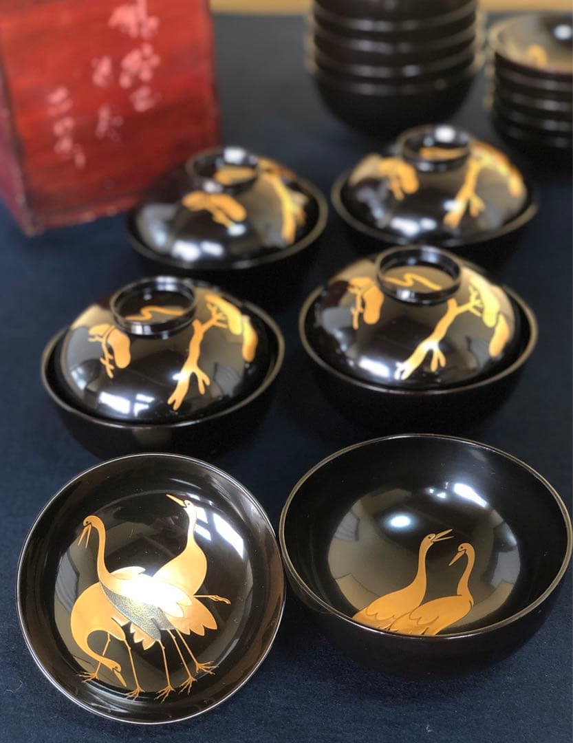 《レ》黒塗 鶴松蒔絵 吸物椀10客 木製漆器 木箱　251117え2