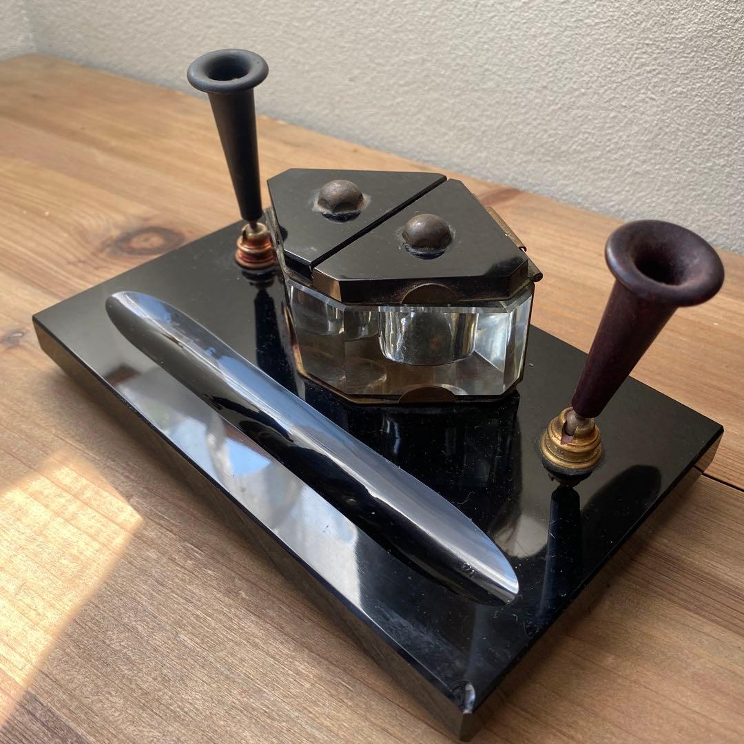 アンティーク　デスク　ペンホルダー インク壺 黒　インクポット　古道具