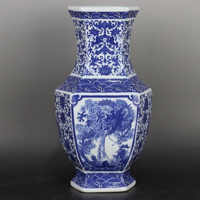 青花海水竜紋六方瓶  装飾品 工芸品 美術品 置物