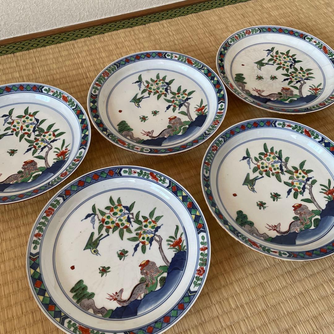 五彩猿鹿蜂文七寸皿　5客　大明成化年製
