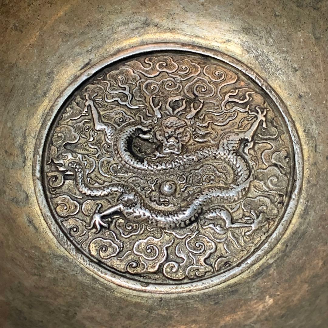古い彫刻の皿　騰雲銀龍　雙龍戲珠　アンティーク