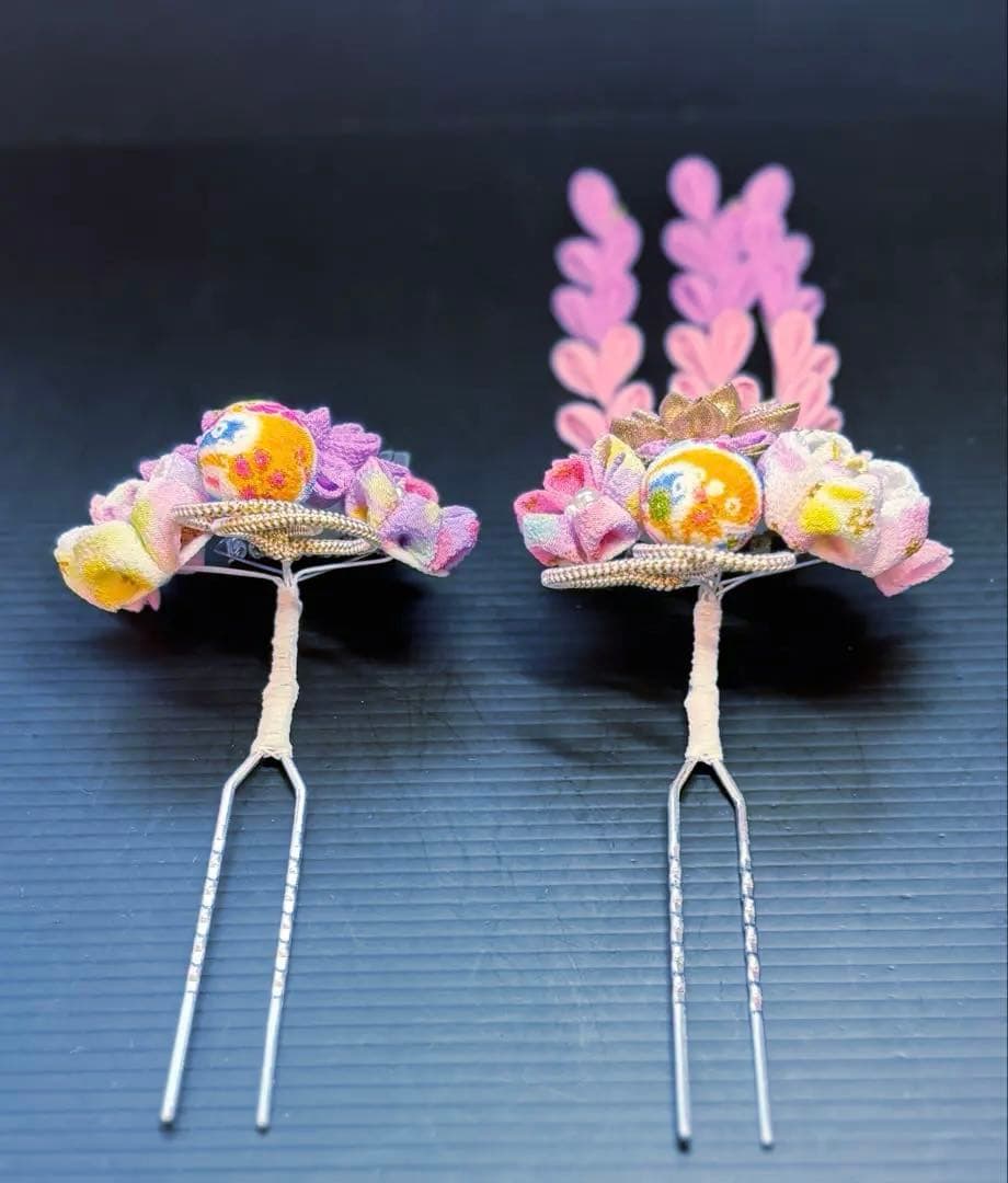 七五三髪飾りセット つまみ細工 パステルカラー ライラック色×桜色 7-30