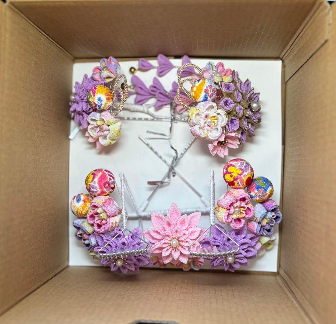 七五三髪飾りセット つまみ細工 パステルカラー ライラック色×桜色 7-30