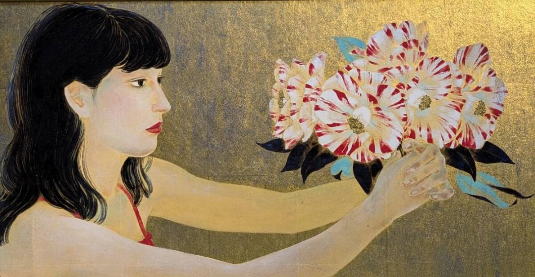 【真作】絵画　石踊紘一　日本画　花椿　良作　金地　美人画　箱・黄袋入　W111