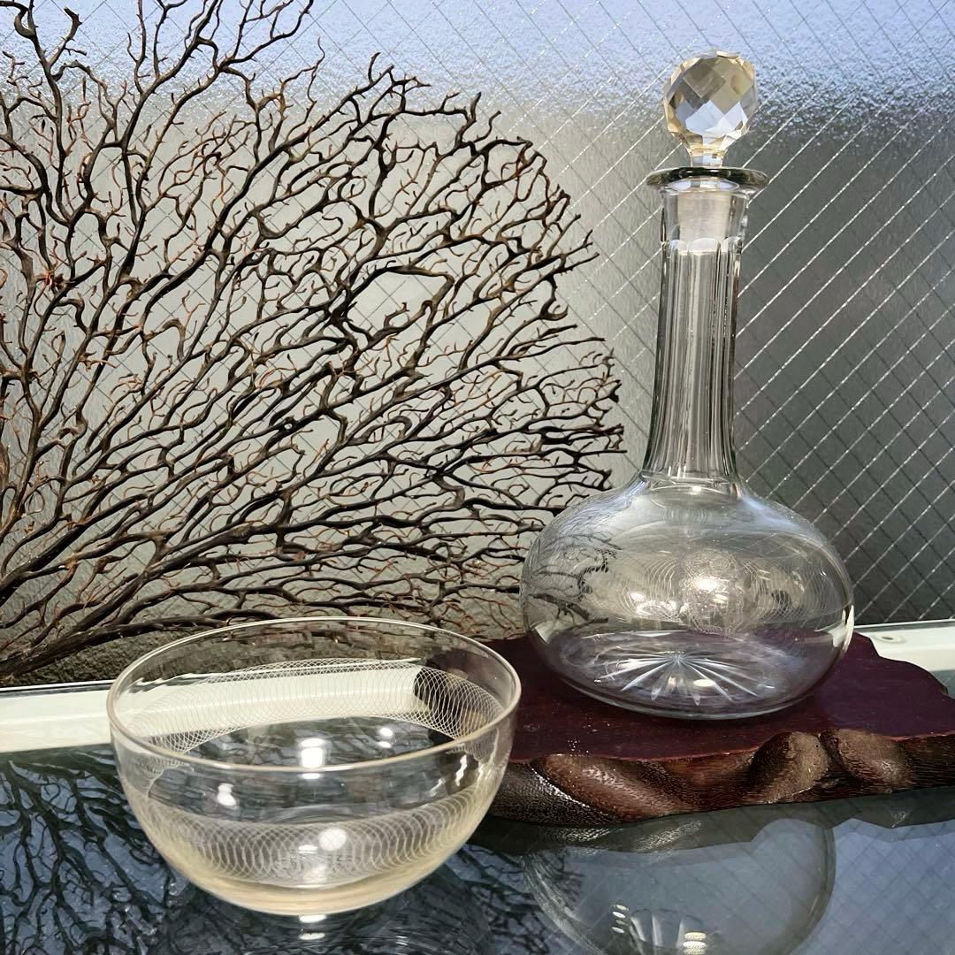 骨董　時代ガラス　グラヴィール技法　薄張りガラス　碗型　ボウル　ウランガラス１客