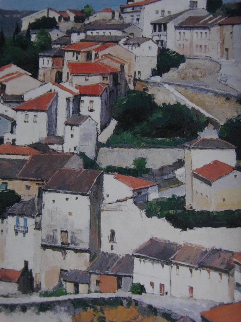 高梨潔、【丘の集落】、希少な額装用画集より、新品額装付