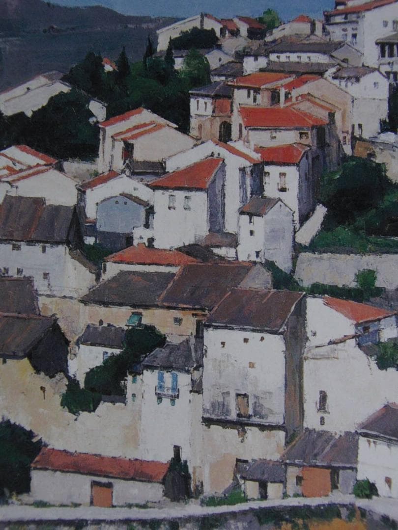 高梨潔、【丘の集落】、希少な額装用画集より、新品額装付