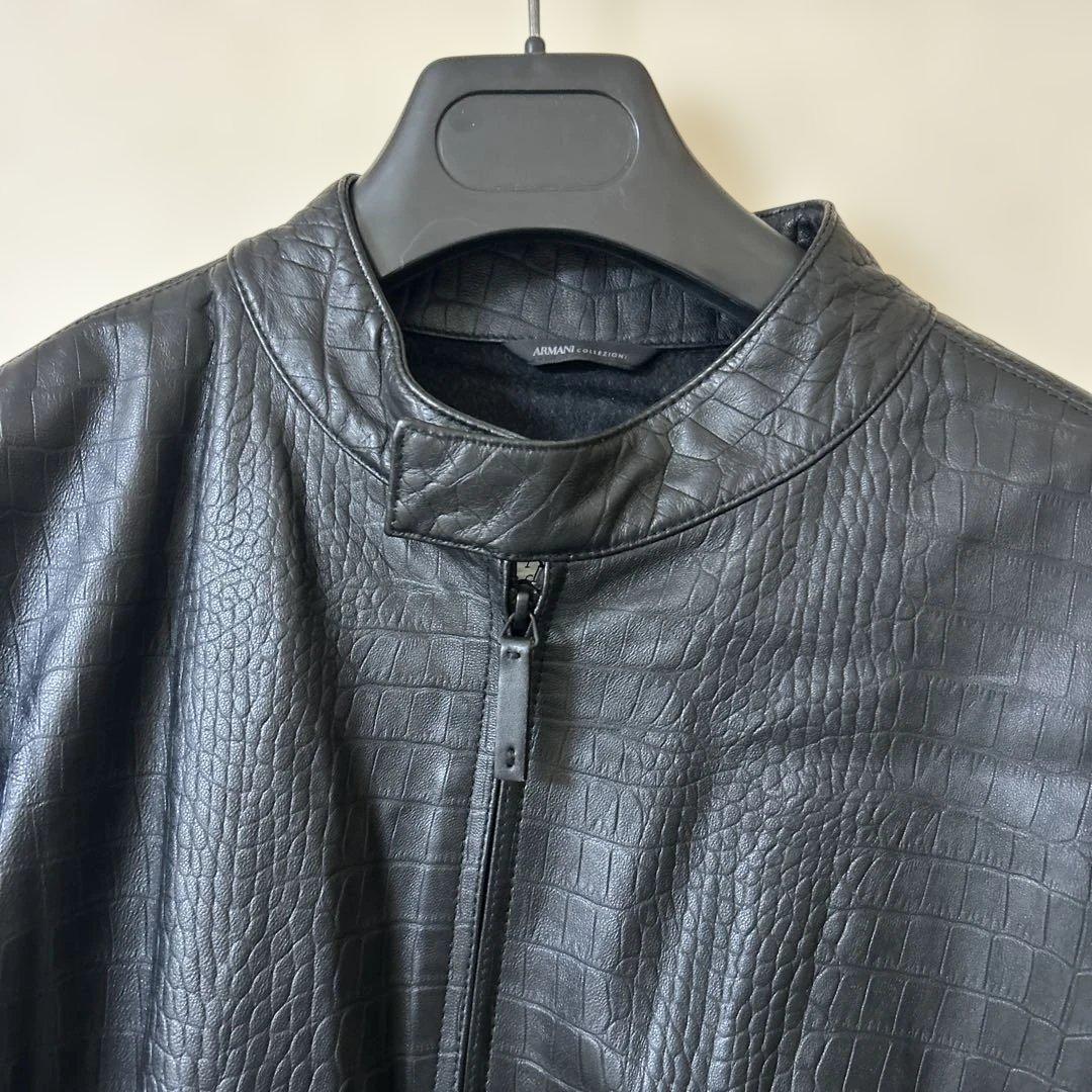 ARMAN シングルレザーライダースジャケット黒　クロコ型押し本革アルマーニ