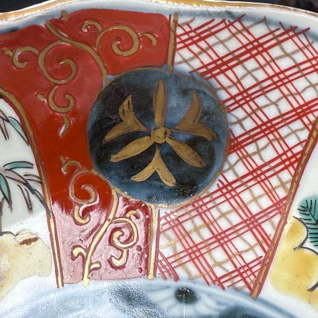 江戸中期〜後期　古伊万里　色絵柘榴文菊花形　なます皿　5枚　裏七宝結文　上物