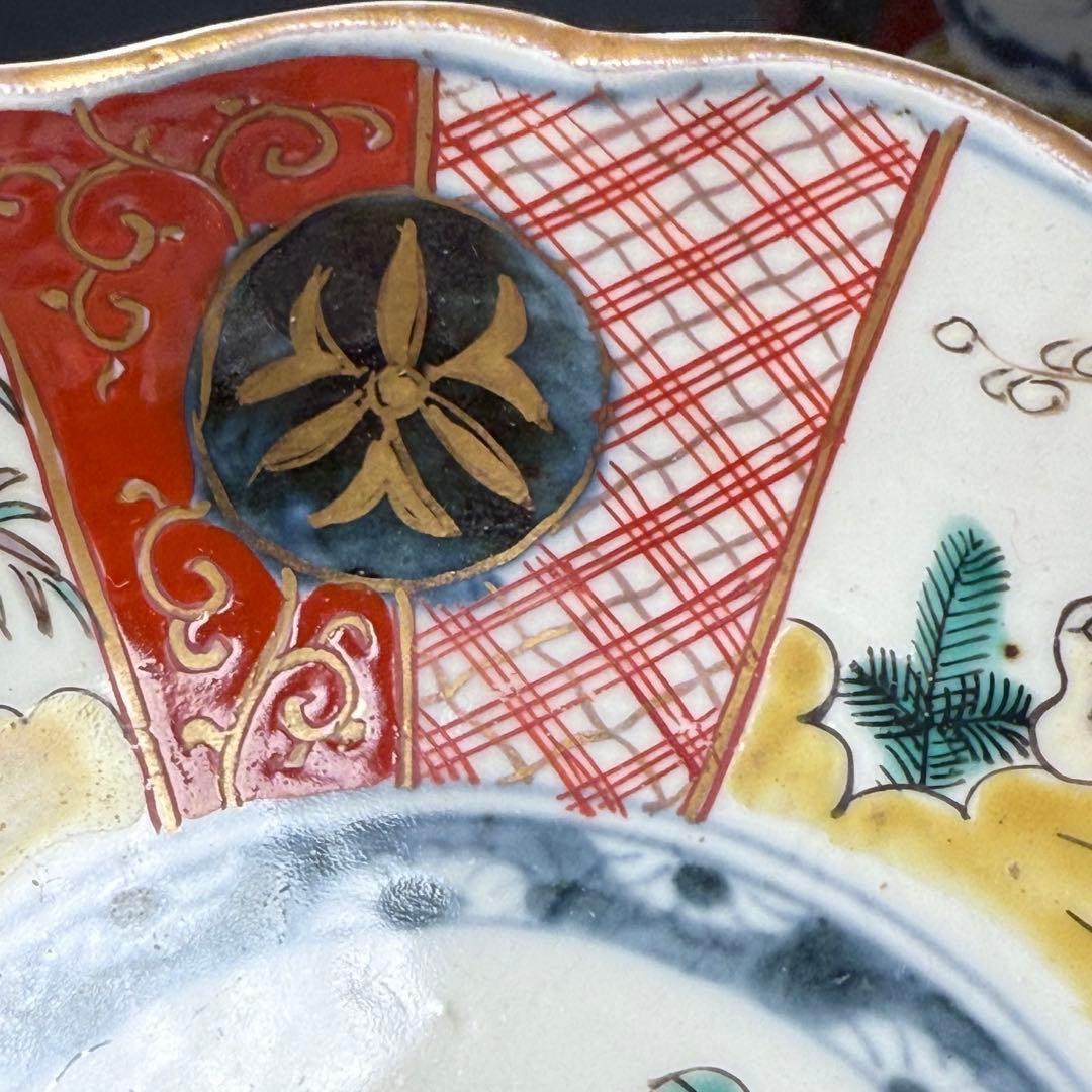 江戸中期〜後期　古伊万里　色絵柘榴文菊花形　なます皿　5枚　裏七宝結文　上物