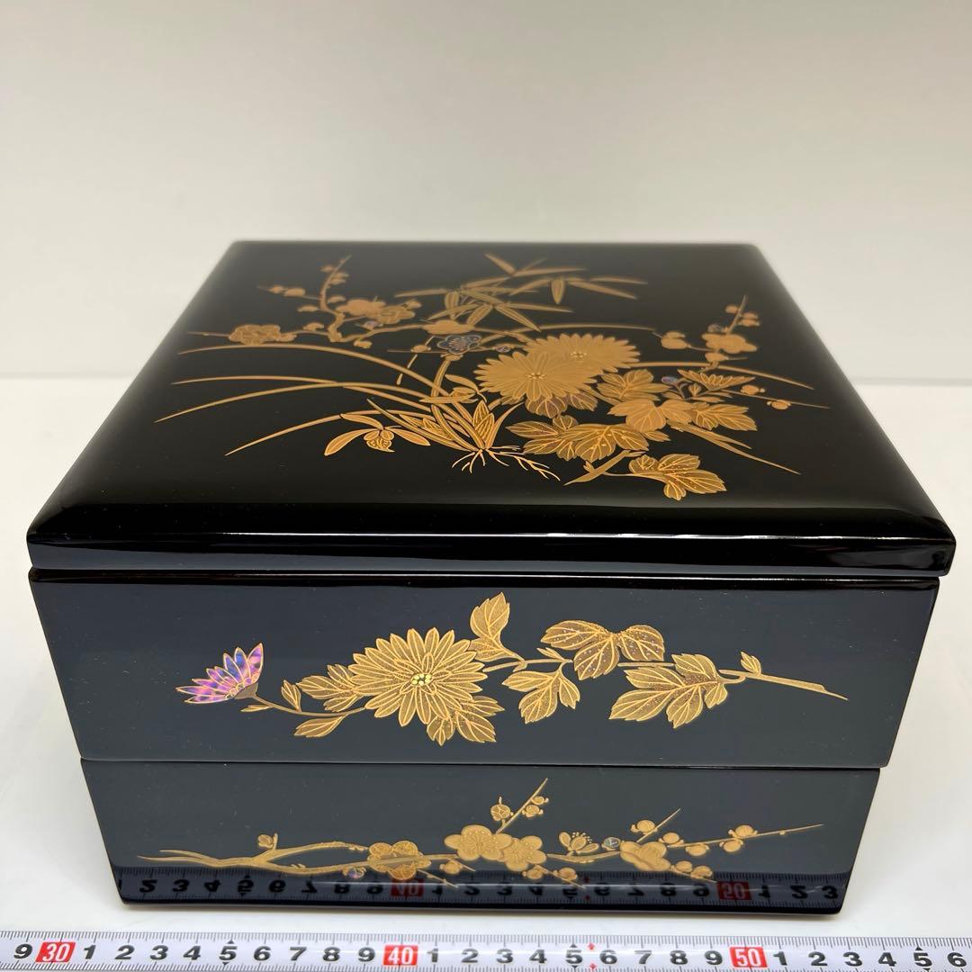 輪島塗　極上蒔絵二段重　蓋無木箱付　東Y7-0922③