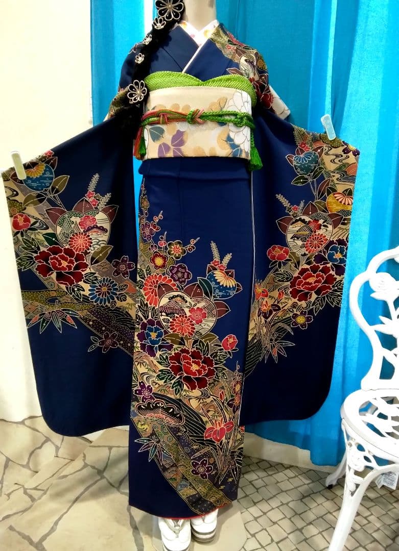 振袖フルセット、正絹紅型成人式、重ね衿、帯揚げ帯締め、西陣袋帯、襦袢、ガード加工