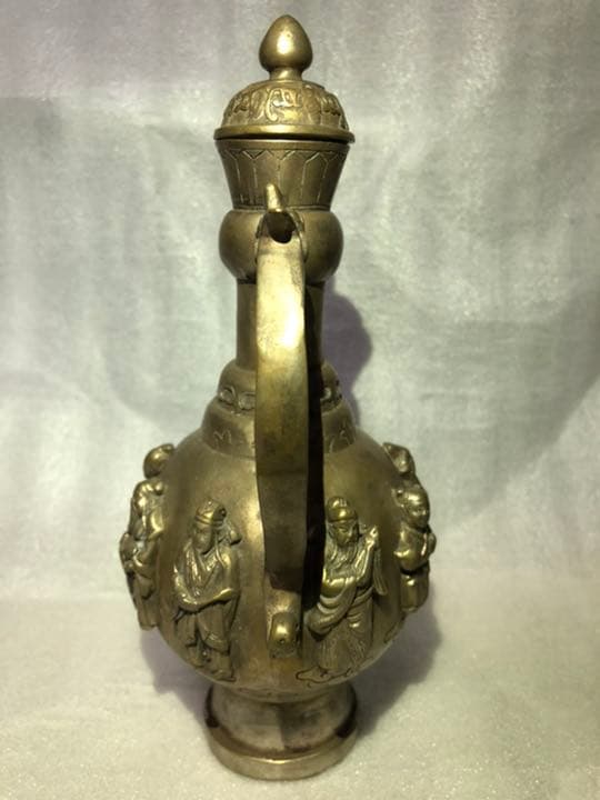 骨董品　古代酒器 酒壺　八仙人紋銀細工　在銘