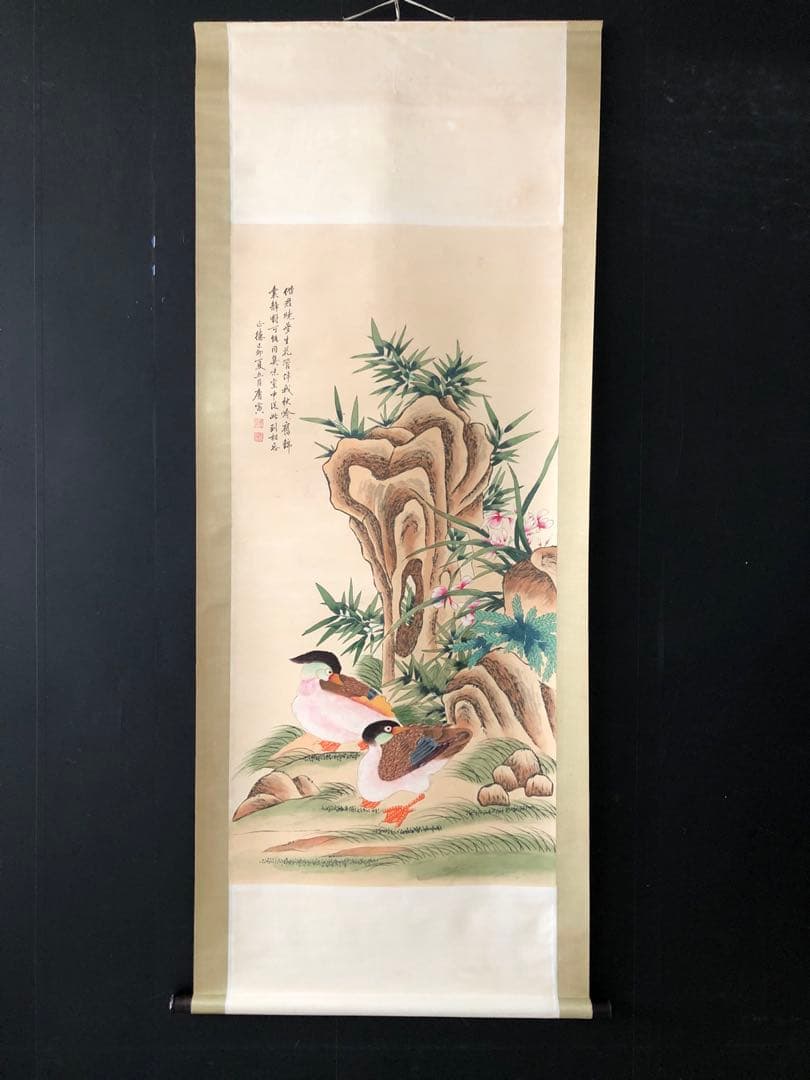 唐寅 花鳥図 掛け軸 四尺 手描き 中国美術 絵画 書画 花鳥 インテリア