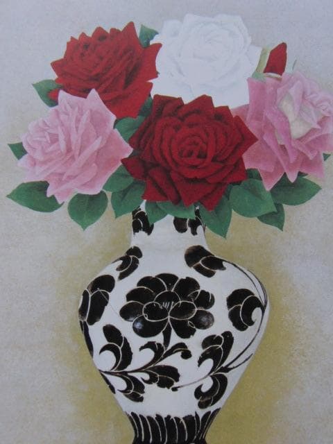 佐藤太清、【薔薇】、希少な額装用画集画、新品高級額 額装付、状態良好