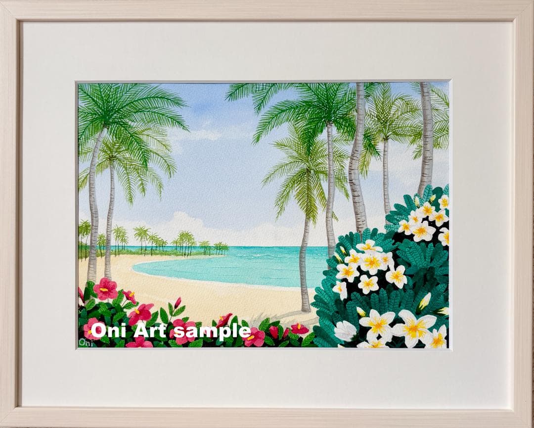 透明水彩画　原画　「ハイビスカスとプルメリア」額縁付き　F4サイズ　風景画