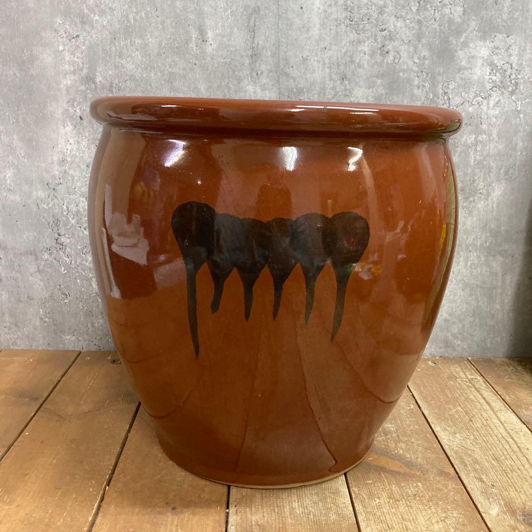 D-5 【大容量・大型】飴釉 陶器鉢 水連鉢 メダカ鉢 火鉢 アンティーク