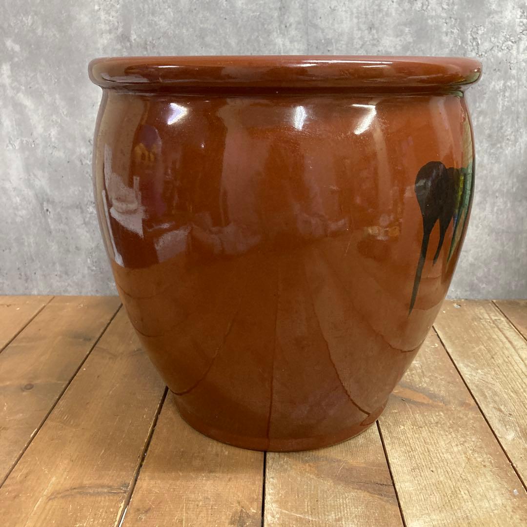 D-5 【大容量・大型】飴釉 陶器鉢 水連鉢 メダカ鉢 火鉢 アンティーク