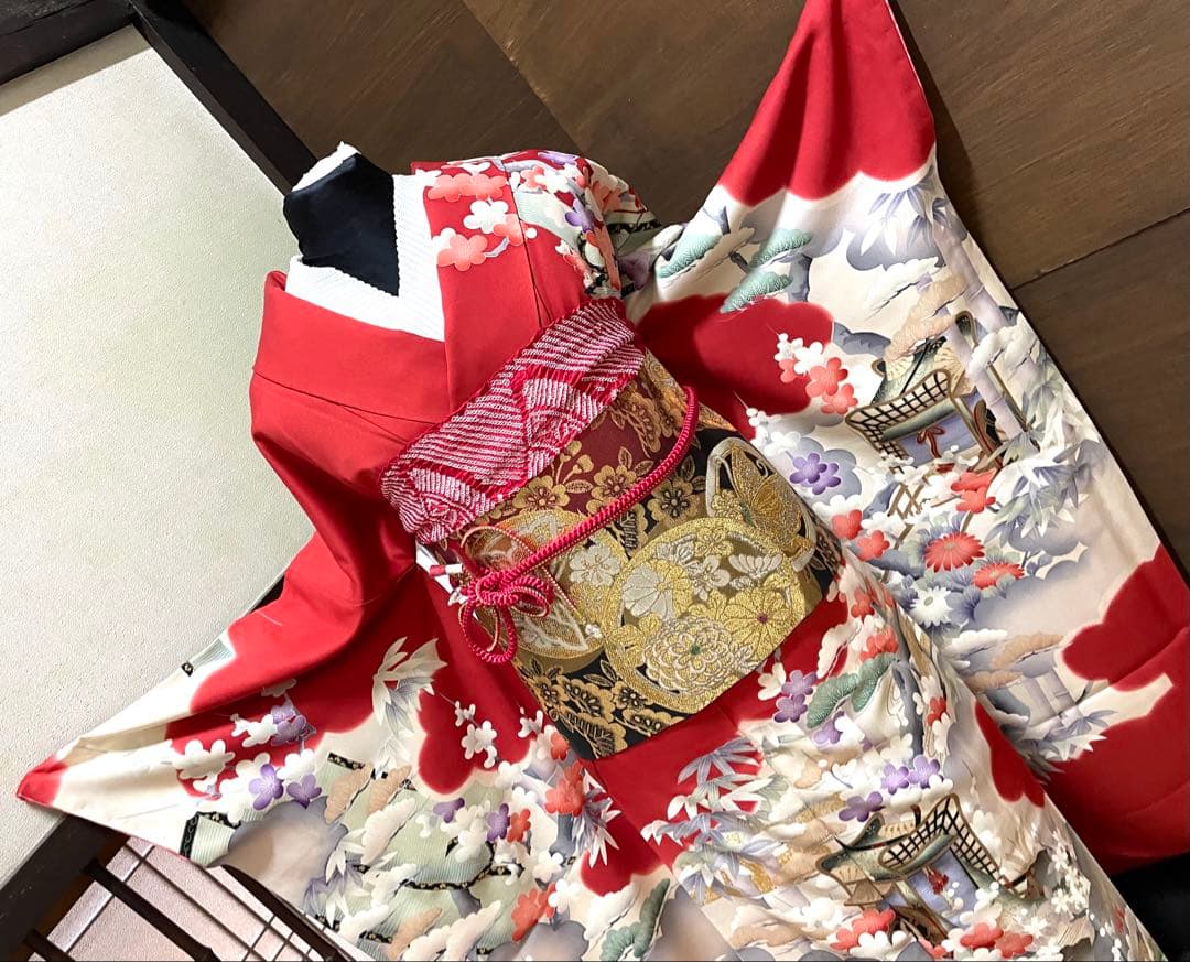 振袖フルセット6点サイズM〜Ｌサイズ御所車花文　松竹梅　暈し染め　金彩　正絹