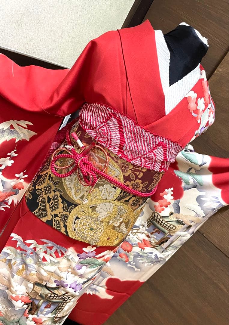 振袖フルセット6点サイズM〜Ｌサイズ御所車花文　松竹梅　暈し染め　金彩　正絹
