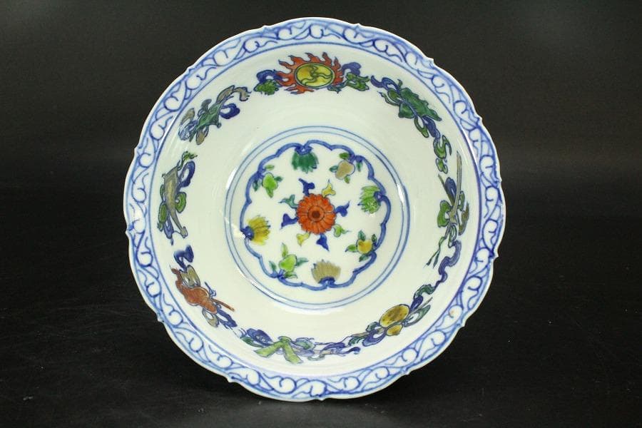 中国美術 色絵 花鳥紋 題詞 瑠璃遊台 碗 雍正年製(LC258)