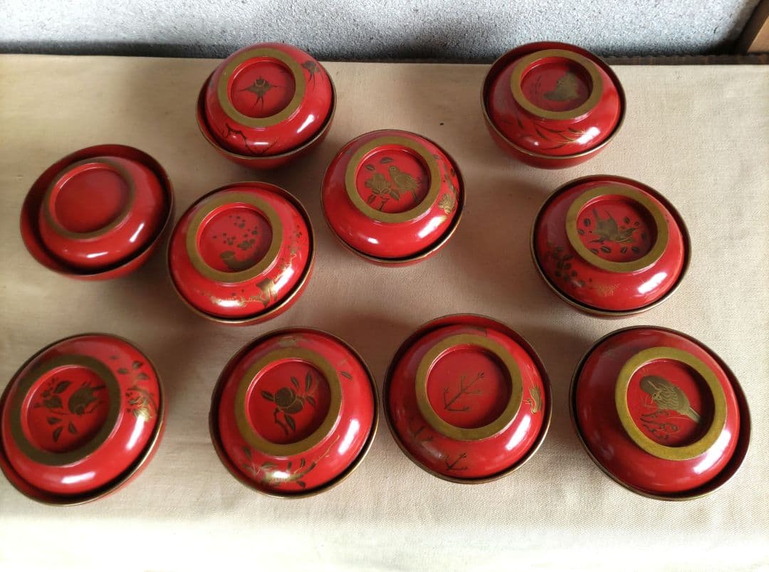 金蒔絵　花鳥絵変わり菓子椀　9客