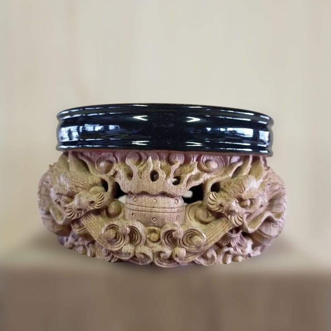 欅彫り香炉台４、５寸龍彫り