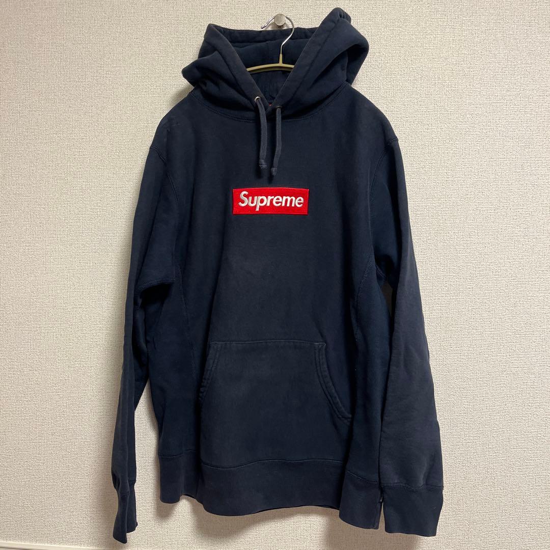 Supreme box logo hoodie navy M パーカー