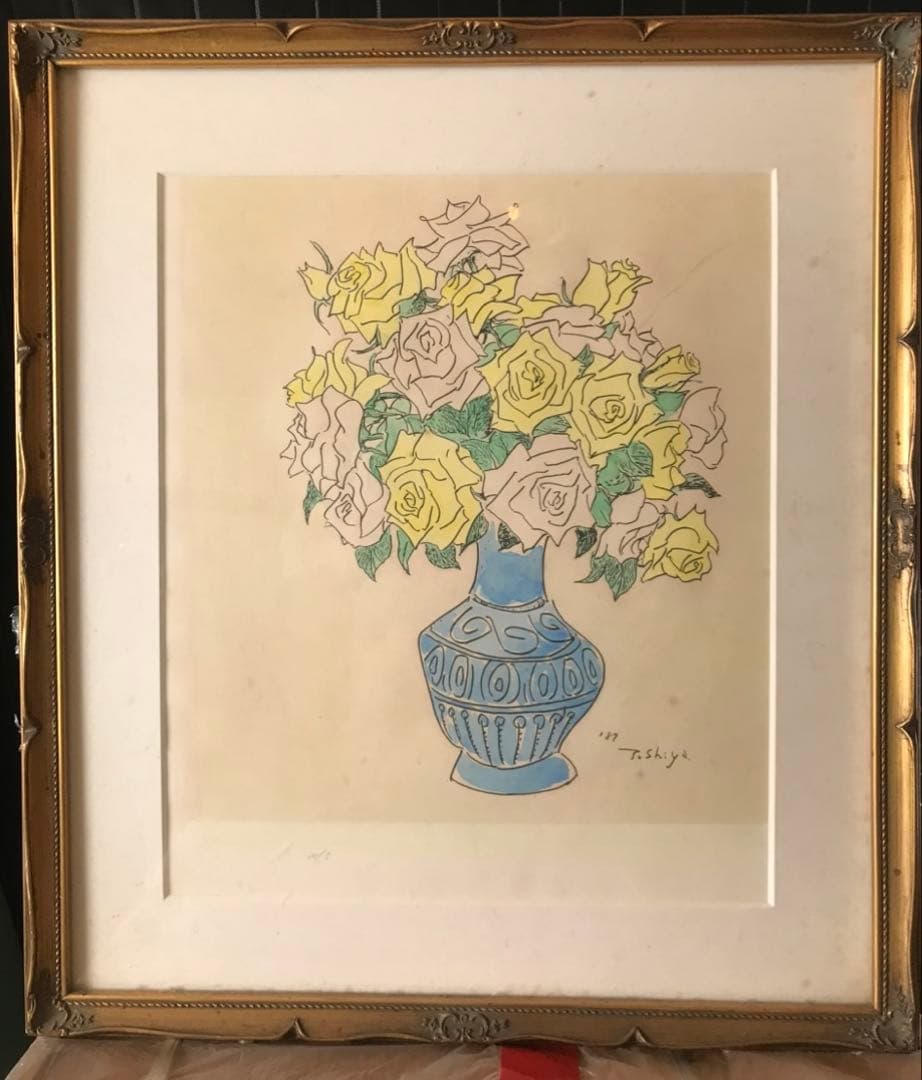 バラの花束 油彩画 金色フレーム