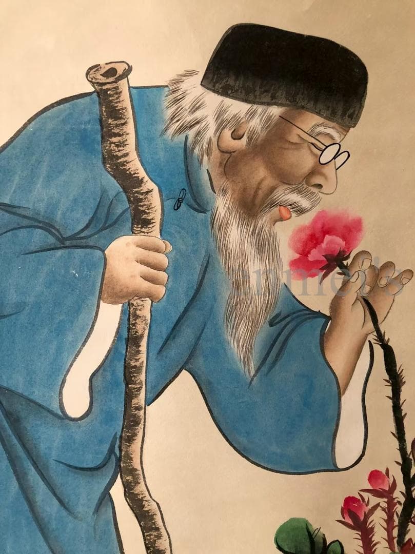 中国古美術・純手描き四尺人物掛軸・国画・斉白石印款・宣紙・茶道・賞物・肉筆・書