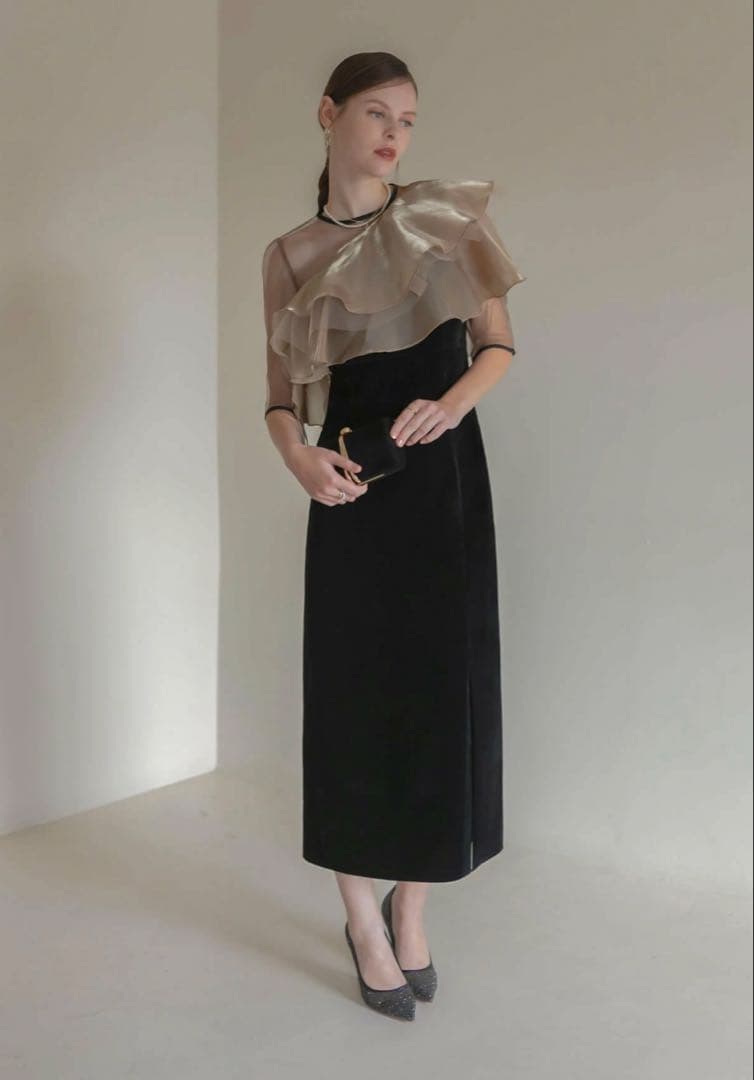 【ぽっちゃま】アシンメトリーティアードフリル3WAYベロアIラインドレス