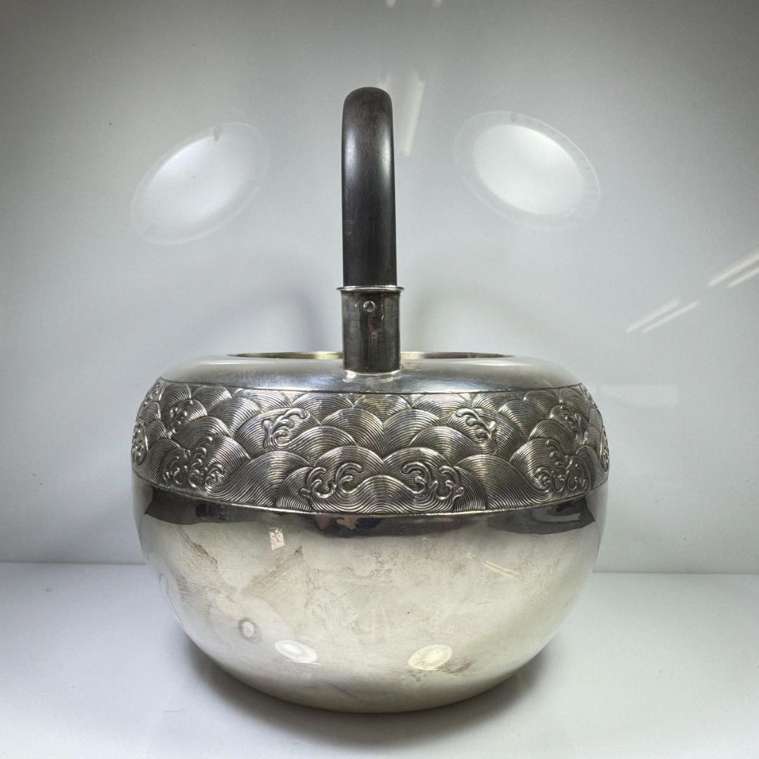 純銀製 東山造 紋波 湯沸 貴石摘 木取手 煎茶道具 古美術品 銀瓶 純銀保証