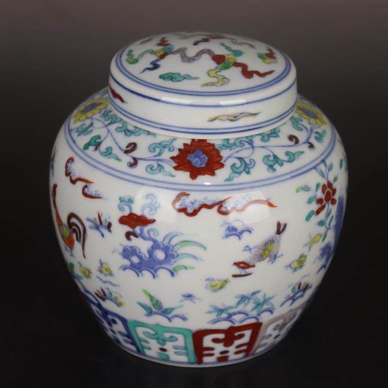 青花斗彩家族写真紋天子壺 景徳鎮 陶磁器 装飾品 現代工芸品 美術品 置物