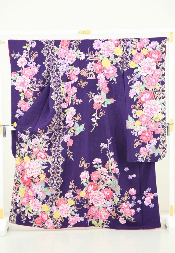 【美品】正絹振袖　ガード加工済　銀通し　振袖　成人式　結婚式　パープル　着物