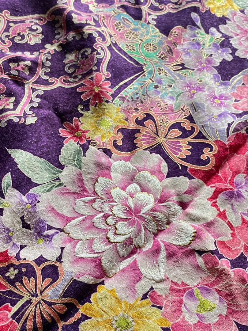 【美品】正絹振袖　ガード加工済　銀通し　振袖　成人式　結婚式　パープル　着物