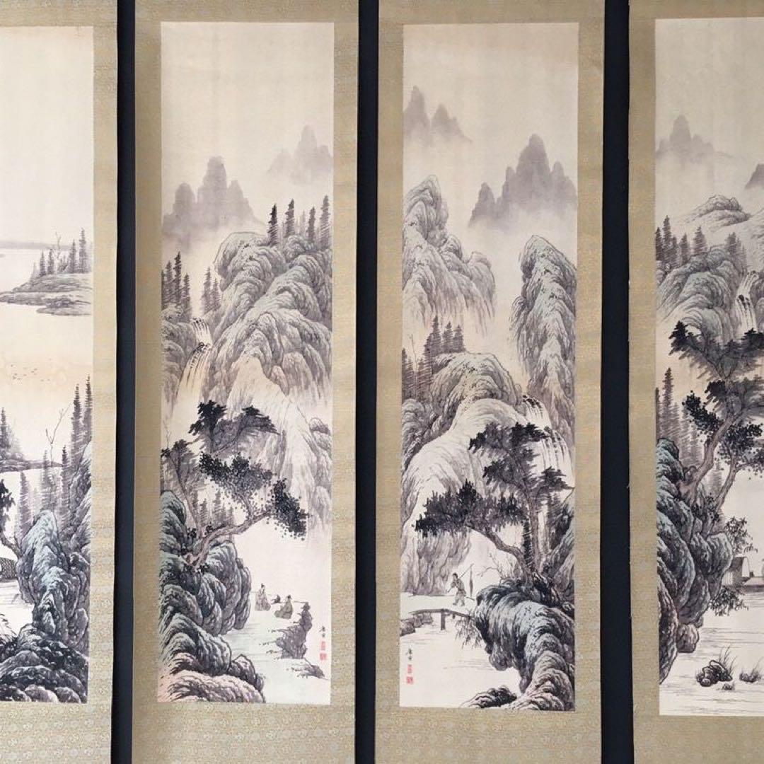 【唐伯虎・四条屏】「樵人晩帰図」掛軸セット　表装済み／163×38cm