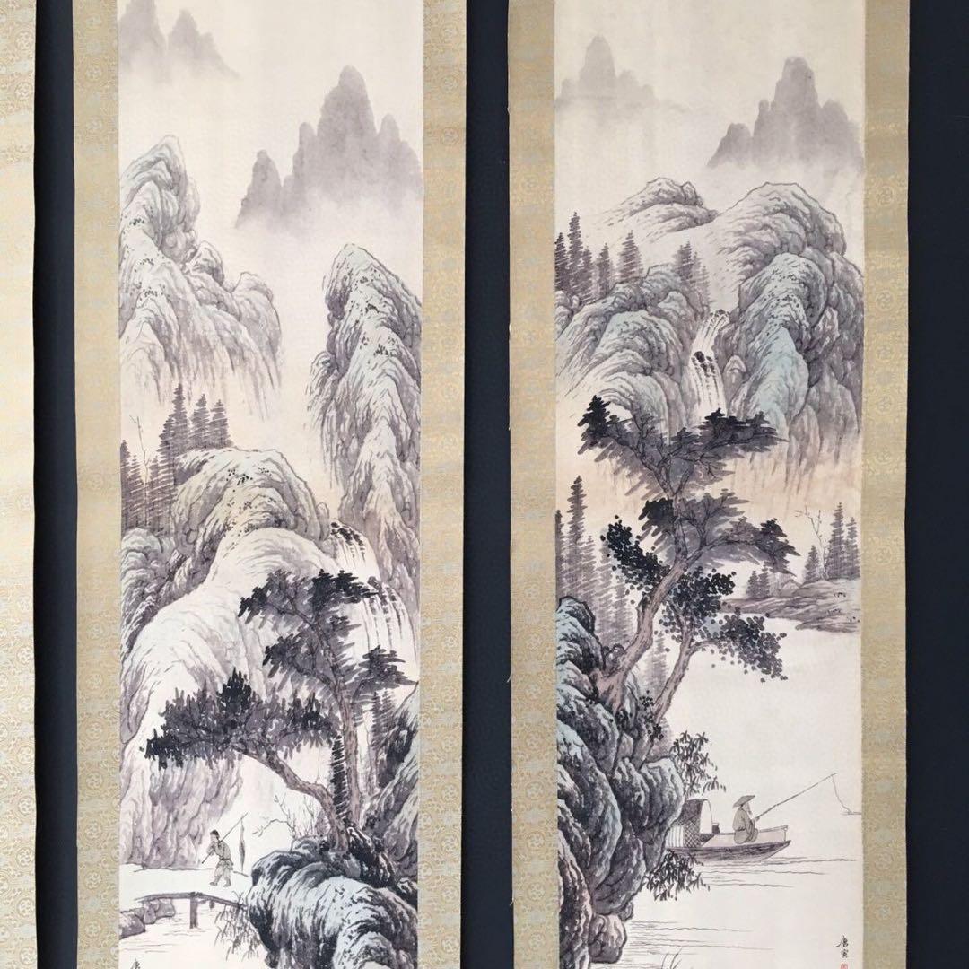 【唐伯虎・四条屏】「樵人晩帰図」掛軸セット　表装済み／163×38cm