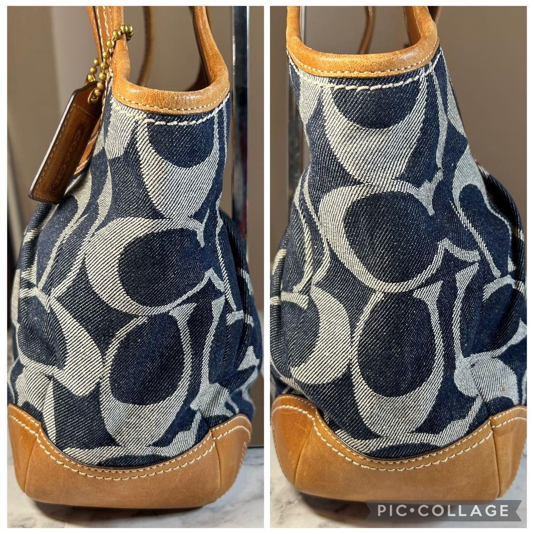 美品　COACH コーチ トートバッグ キャンバス シグネチャー デニム レザー