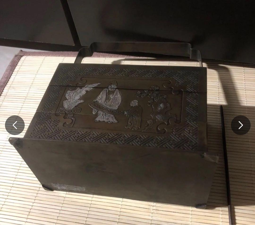 アンティーク調 持ち手付き 小物入れ 幾何学模様 レトロ 銅細工　銅鍛金