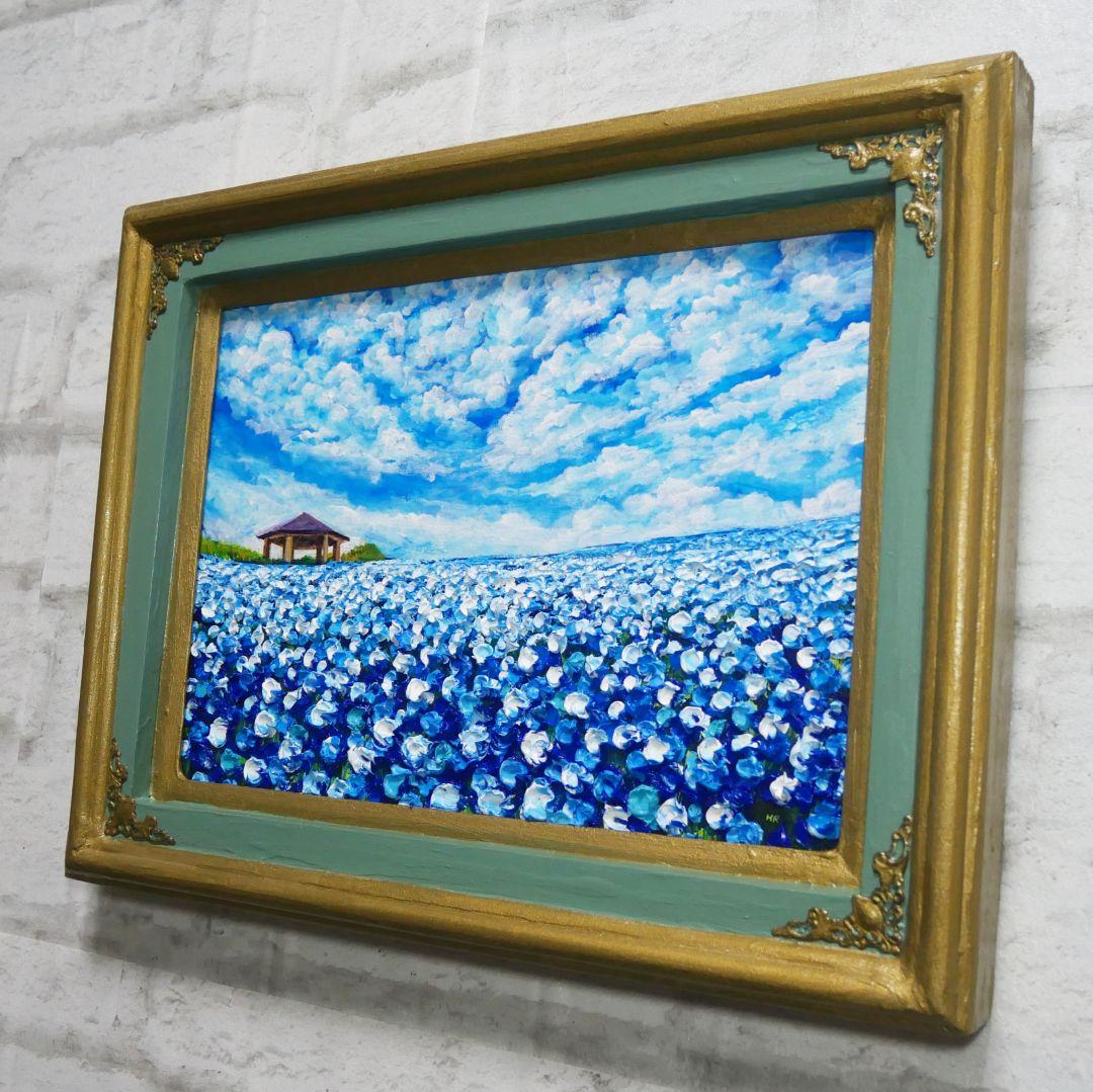 油絵 油彩 油彩画 絵 絵画【青空と雲のネモフィラ】