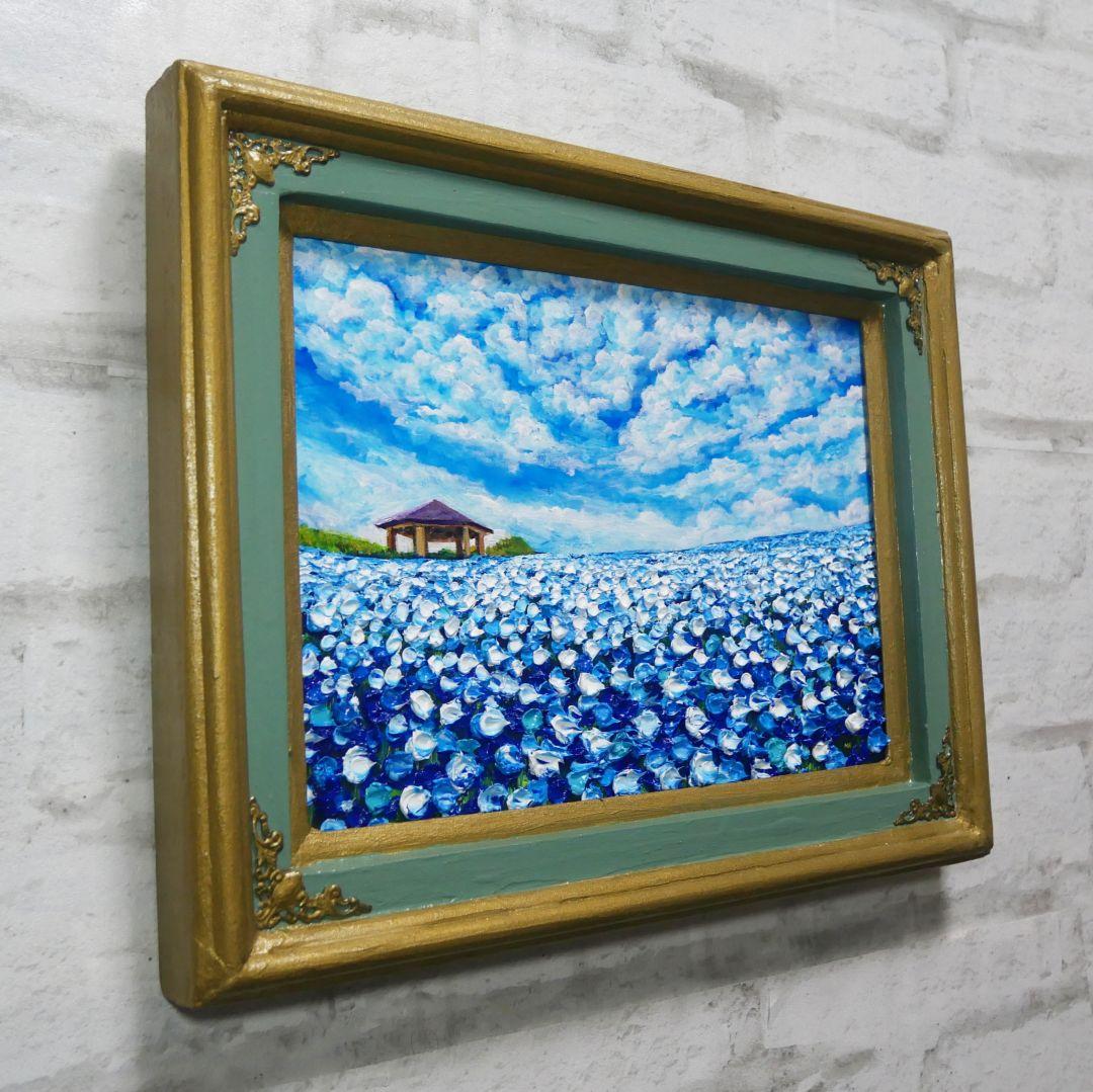 油絵 油彩 油彩画 絵 絵画【青空と雲のネモフィラ】