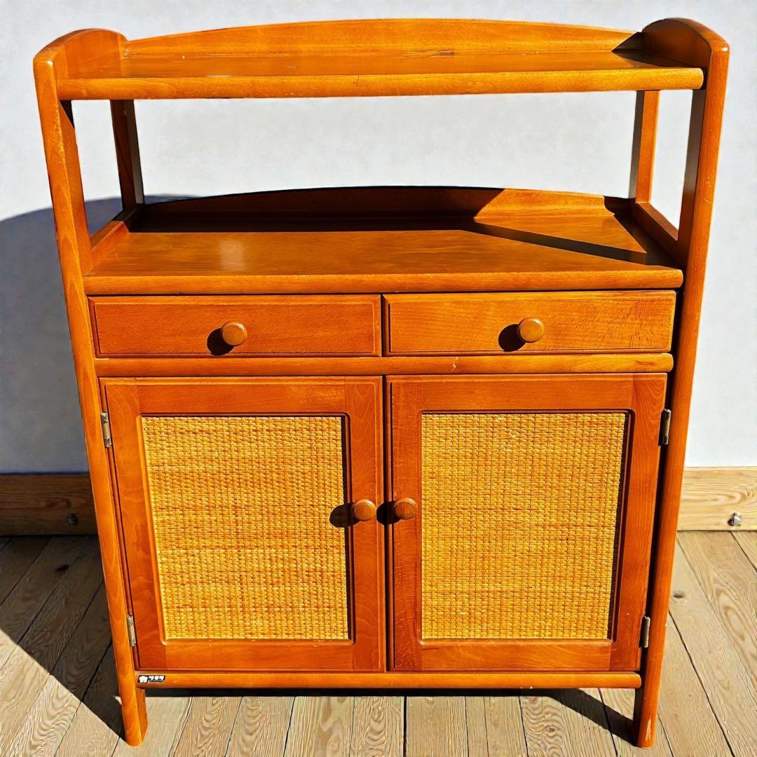 良品✨昭和レトロ✨オールド カリモク ラタン 電話台 FAX台 ヴィンテージ家具