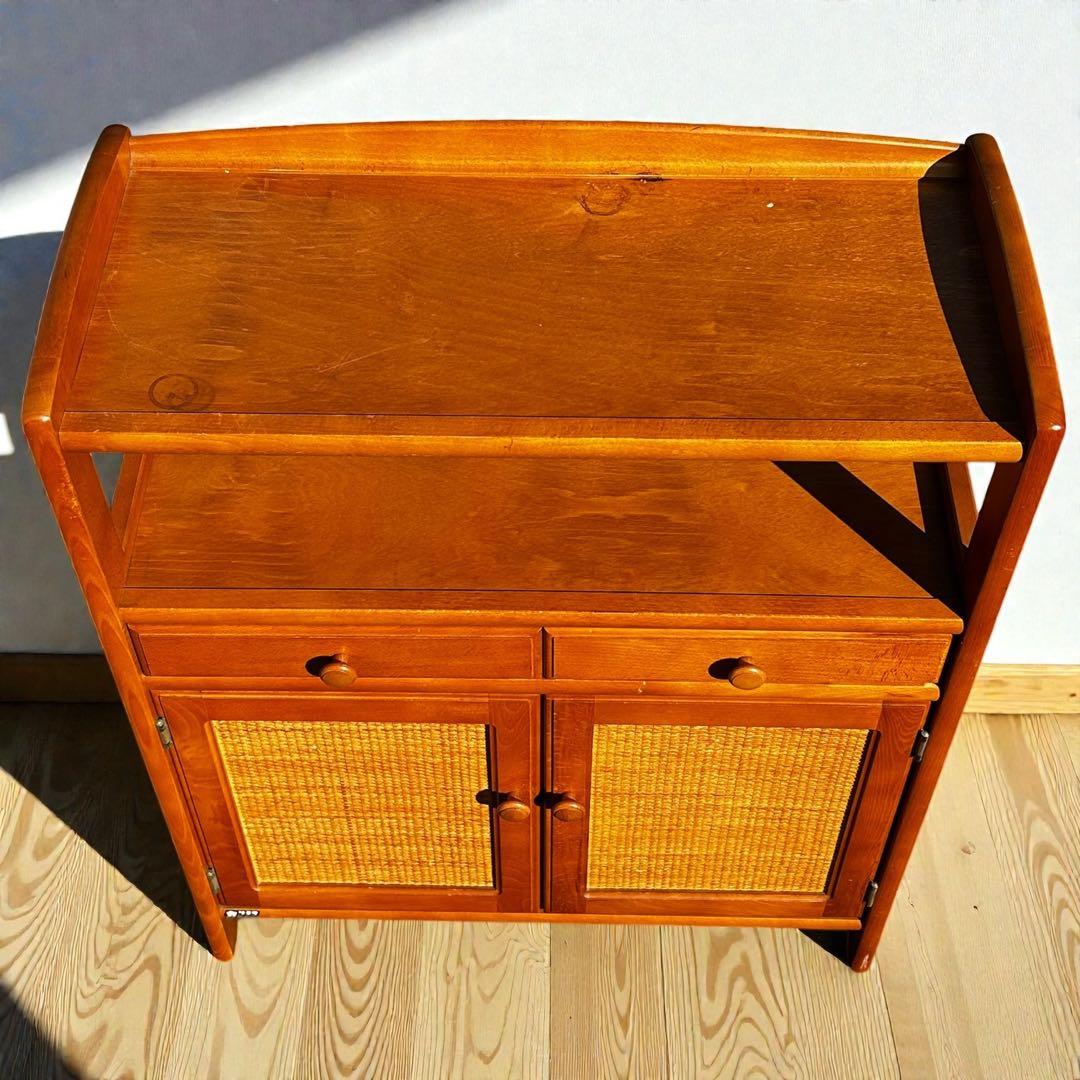 良品✨昭和レトロ✨オールド カリモク ラタン 電話台 FAX台 ヴィンテージ家具