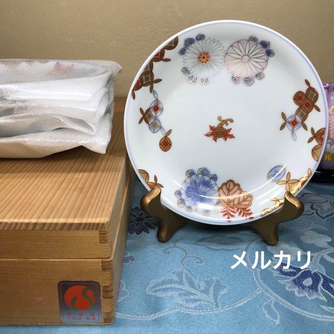 深川製磁　菊七宝　希少品　和皿揃　５枚１式　木箱入り　【廃番】