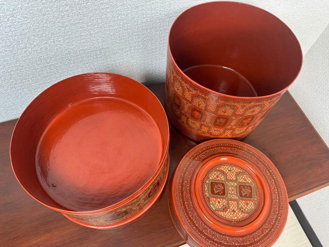 ミャンマー アンティーク 漆器 蒟醤 ビルマ 細密画 入れ子容器 ※31※