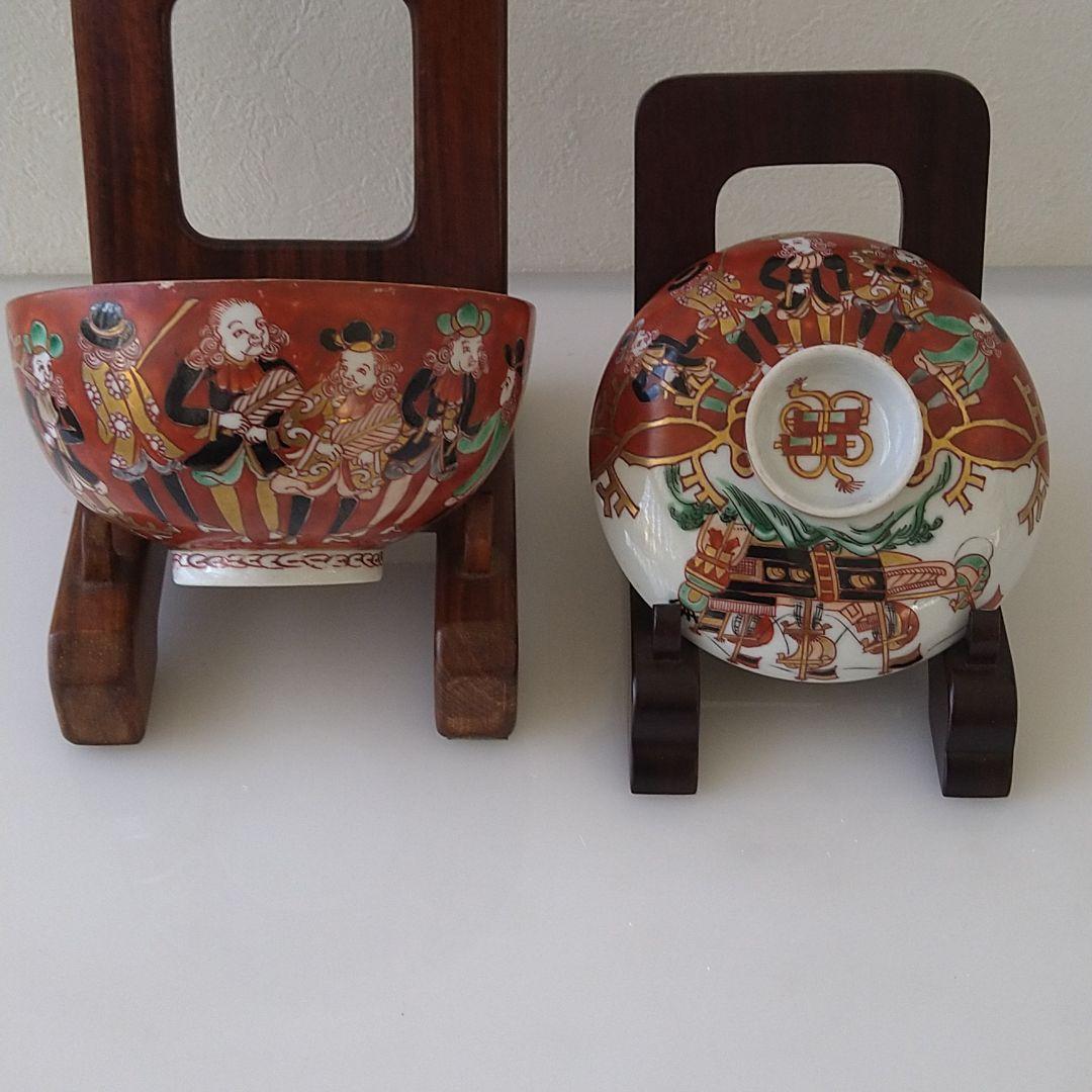 NO.14伊萬里色絵蘭人蘭船図蓋付茶碗五客