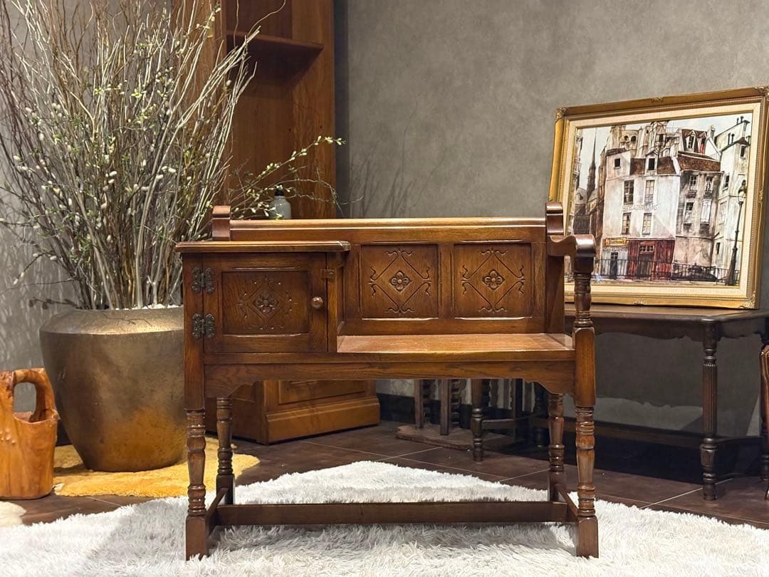 希少　英国　イギリス　テレフォンベンチ　ベンチ　オーク材　アンティーク SH