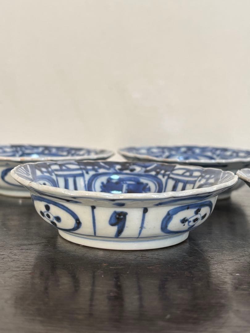 染付芙蓉手獣面図 小皿 モンスターマスク 縁起物 古伊万里 三田焼 5客揃