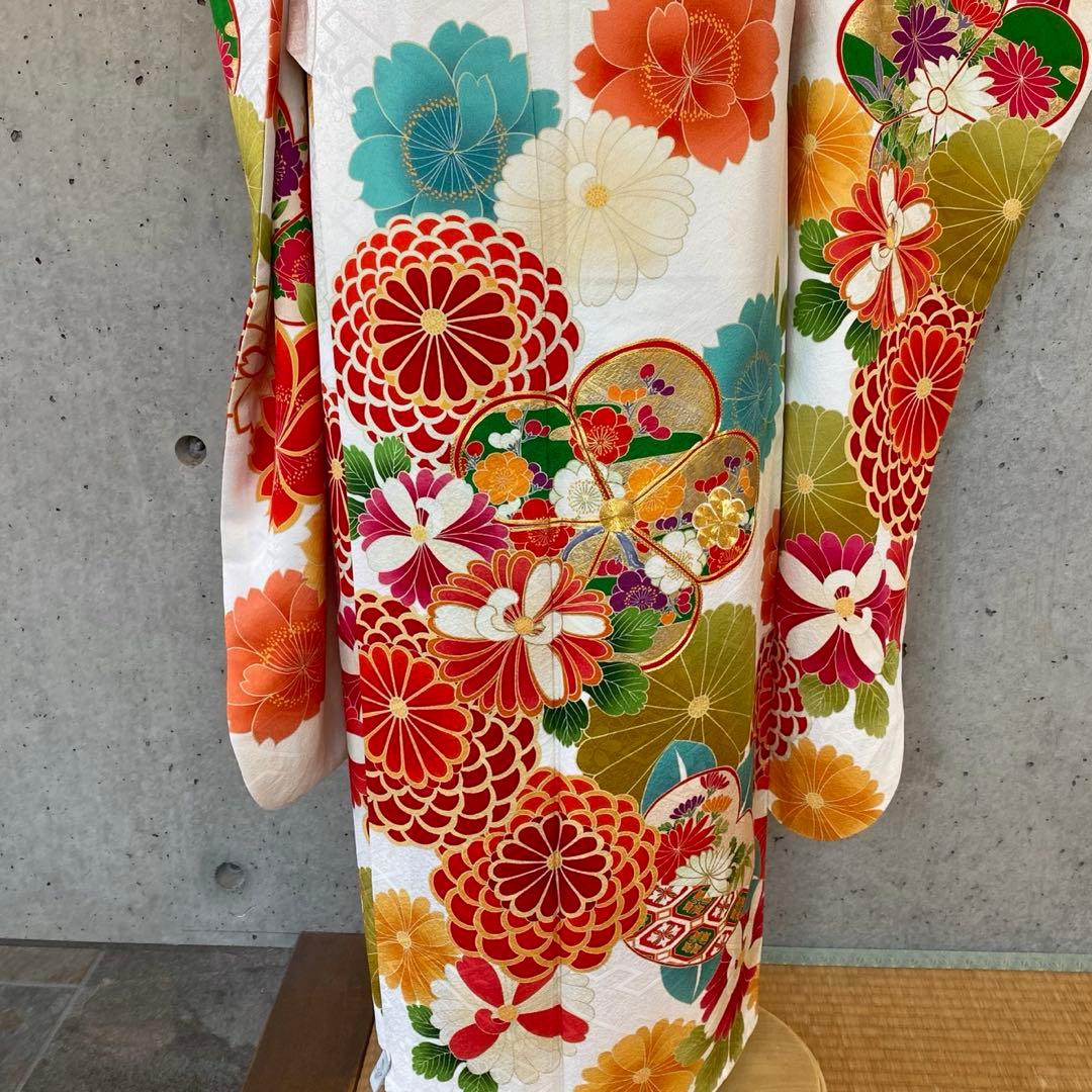 【着物+帯】正絹　振袖　白系　金駒　ガード　袷