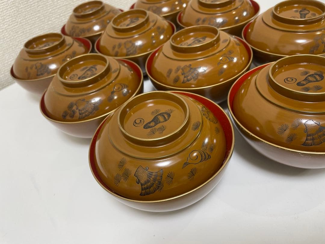 漆器 時代 黄漆 内朱塗 漆器 吸物 懐石椀 煮物椀 10 客 松 貝柄